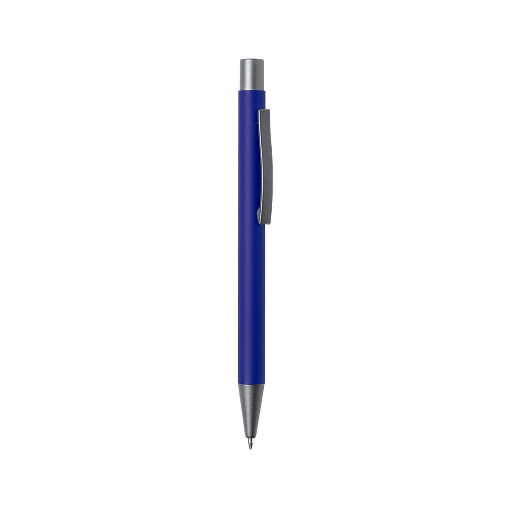 Bolígrafo fabricado en aluminio reciclado. Mecanismo pulsador y accesorios en acabado gun. Clip metálico, tinta azul y distintivo aluminio reciclado en la parte superior del bolígrafo. Escritura Azul.