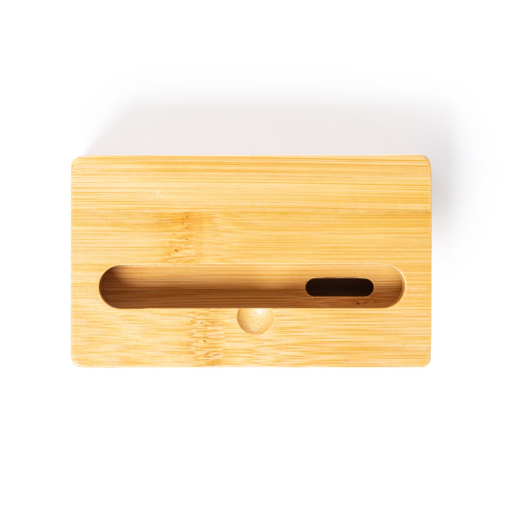 Soporte para smartphone con amplificador de sonido fabricado en bambú. Presentado en caja