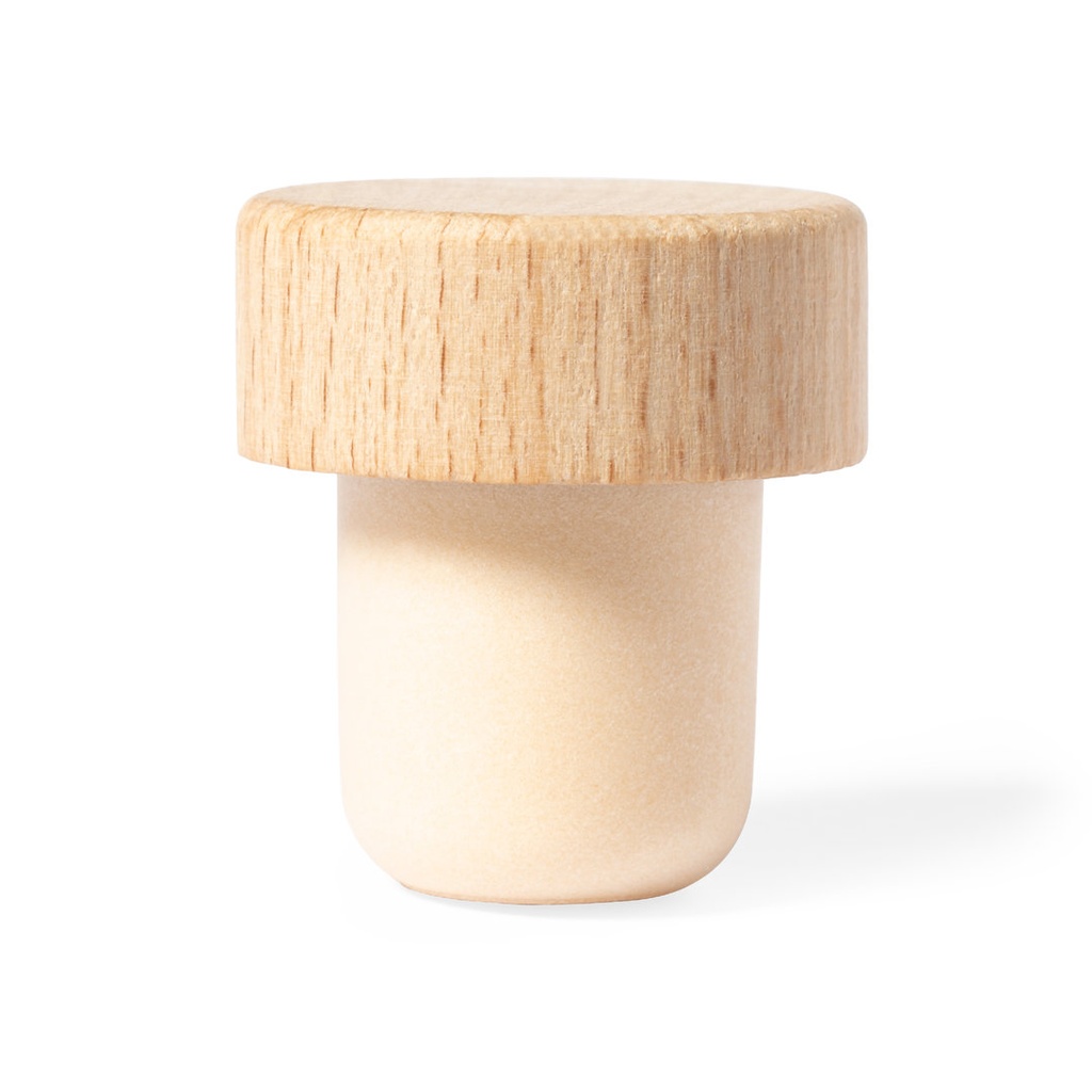Tapón reutilizable para botella, con parte superior en madera natural y parte inferior hermética